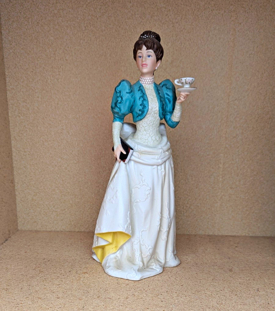 Porcelain Woman Figurine White Dress Blue Shawl Holding Cup Matte Finish