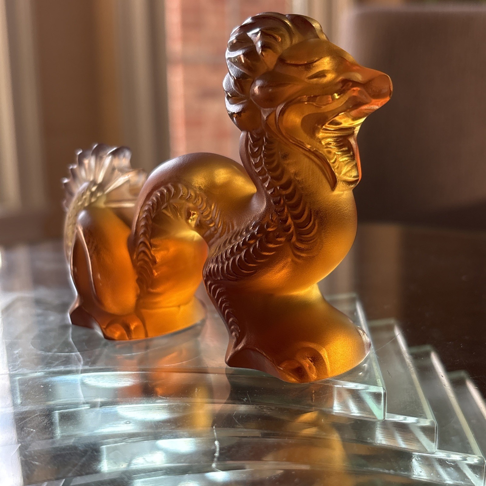 Lalique Frosted Amber Crystal Dragon Figurine 4″ L -MINT