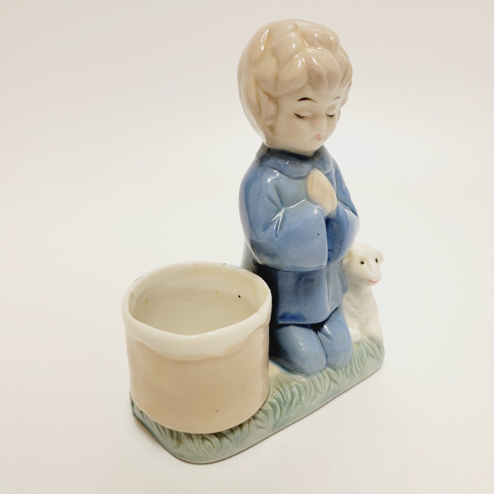 Praying Girl & Boy w/ Lamb Figurine Candle Toothpick Holder Set of 2 Vtg 1980s