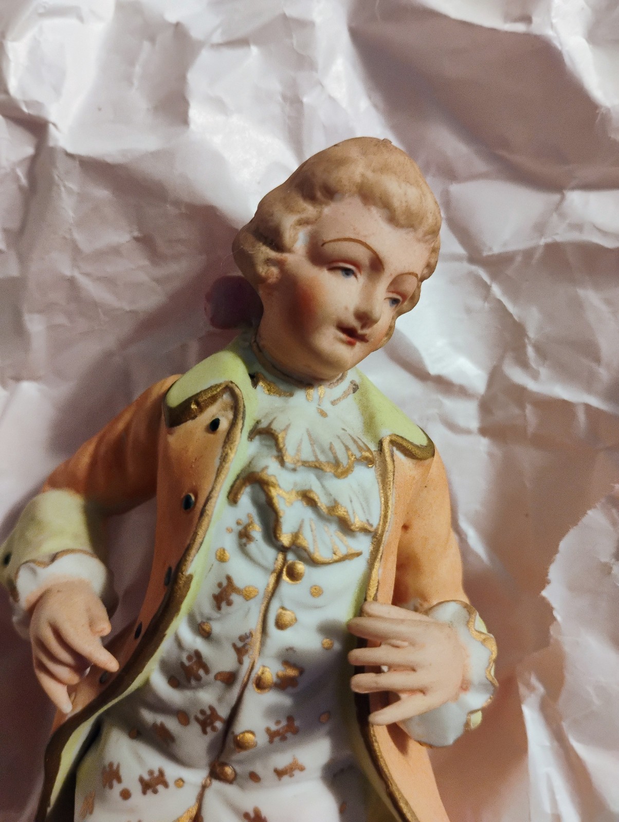 bisque colonial couple figures, gold trim, handpainted, detailed Maruri Japan