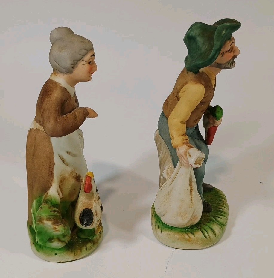 Vintage FBIA Ceramic Old Man With Carrots & Woman With Rooster Tagged 6″