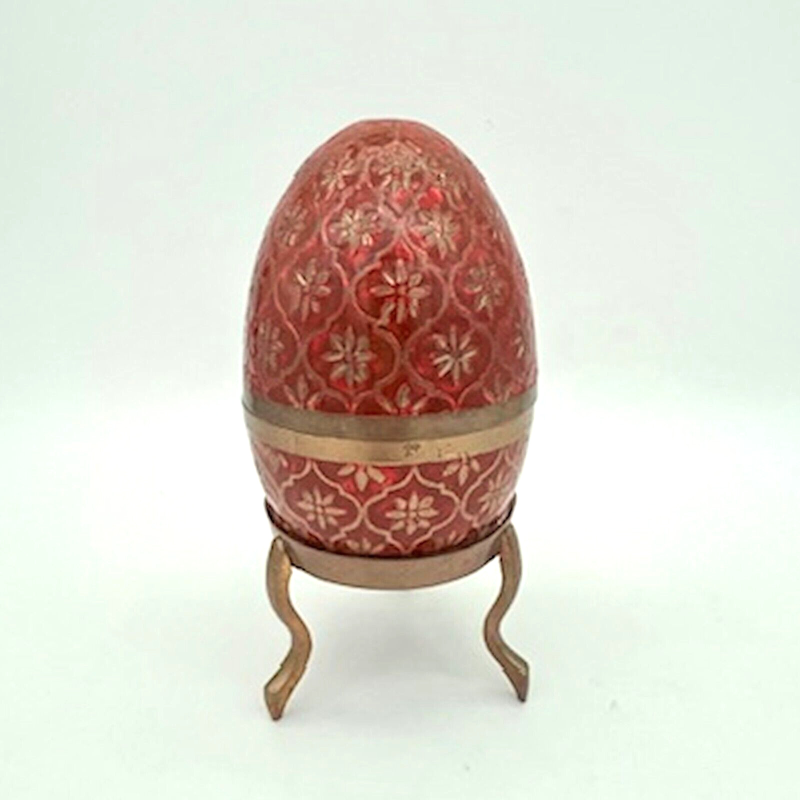 Hand Enameled Solid Brass Cloisonne Egg Trinket Box with Stand Made in India