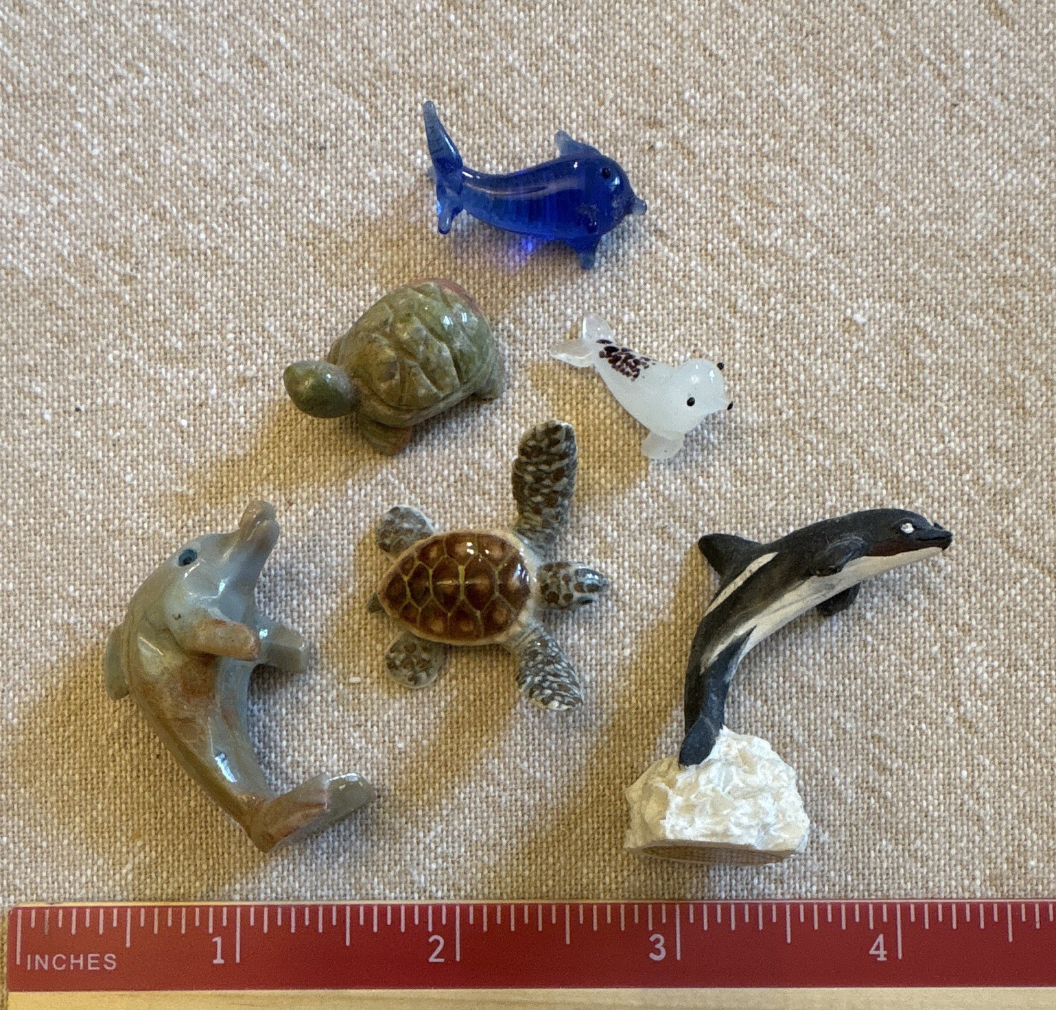 Mini Glass/Ceramic/Stone Sea Figurines:Orca, 2 Dolphins, Seal & Turtles set of 6