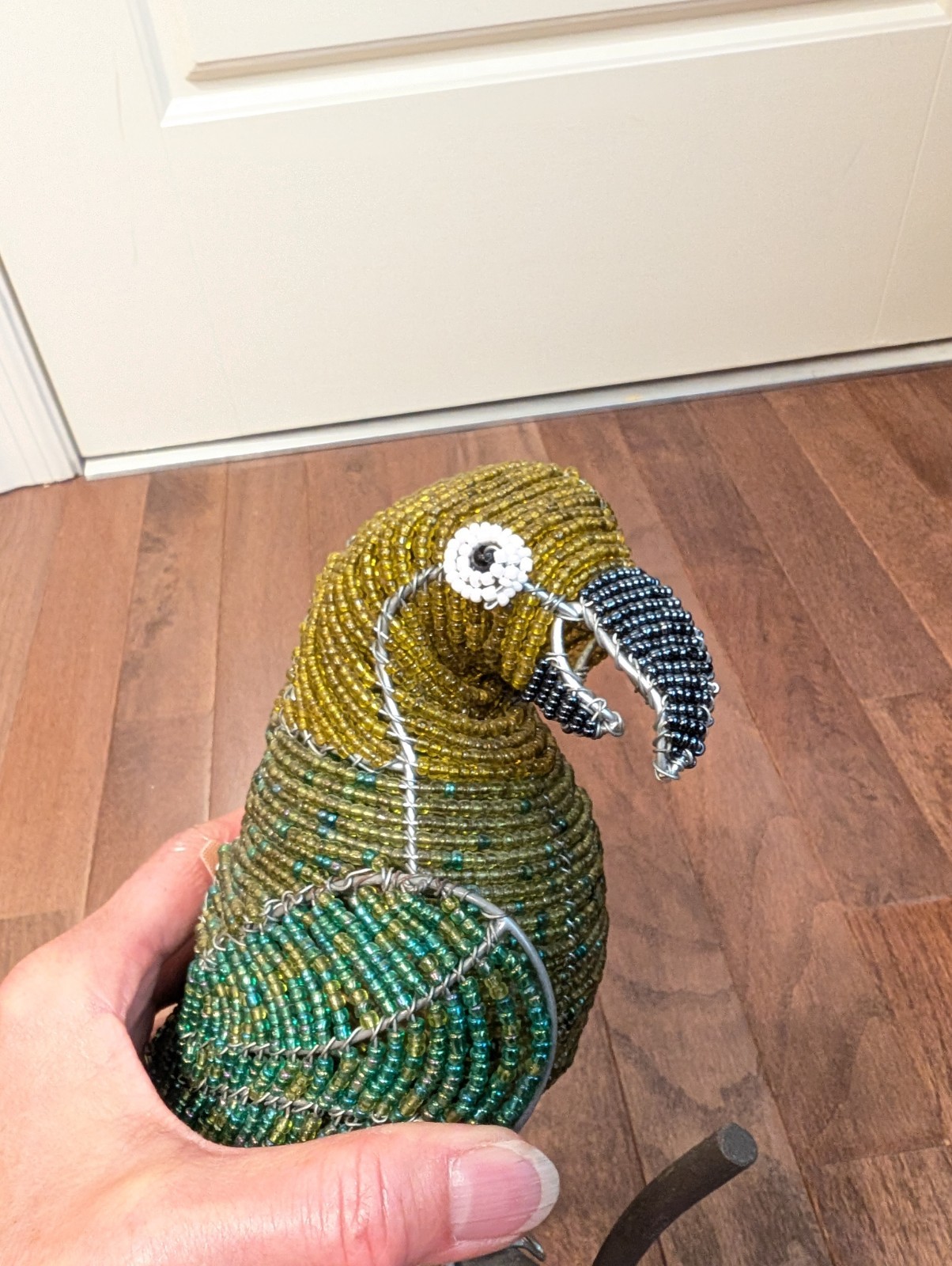 Grass Roots BeadWorx Beaded Wire Sculpture Green Parrot Bird ~11” X 9” X 7″