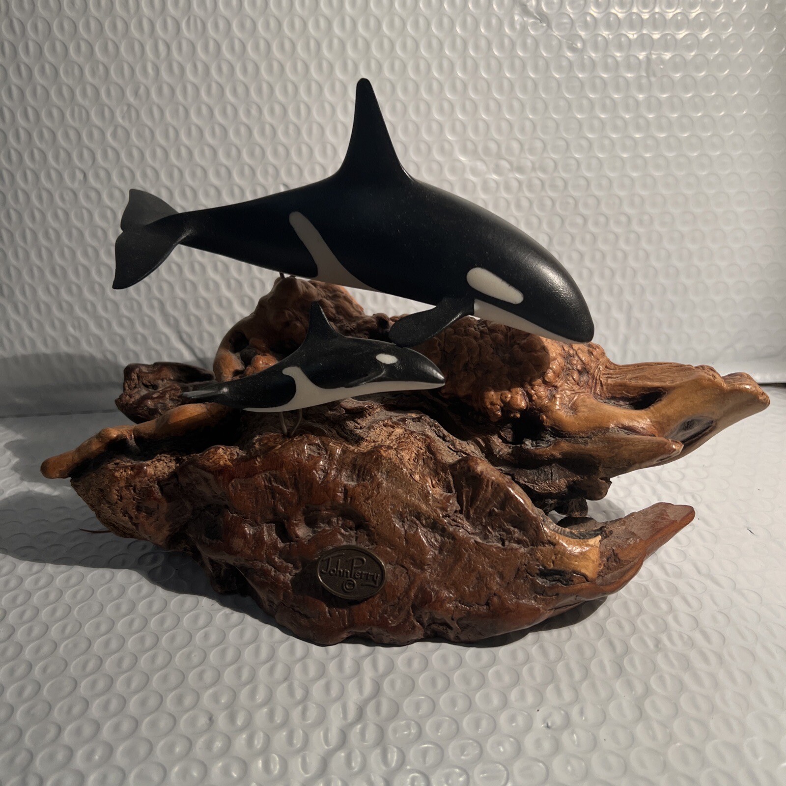 Nautical Ocean John Perry Orca Whales Burlwood Sculpture Figurine Statue 7 inch