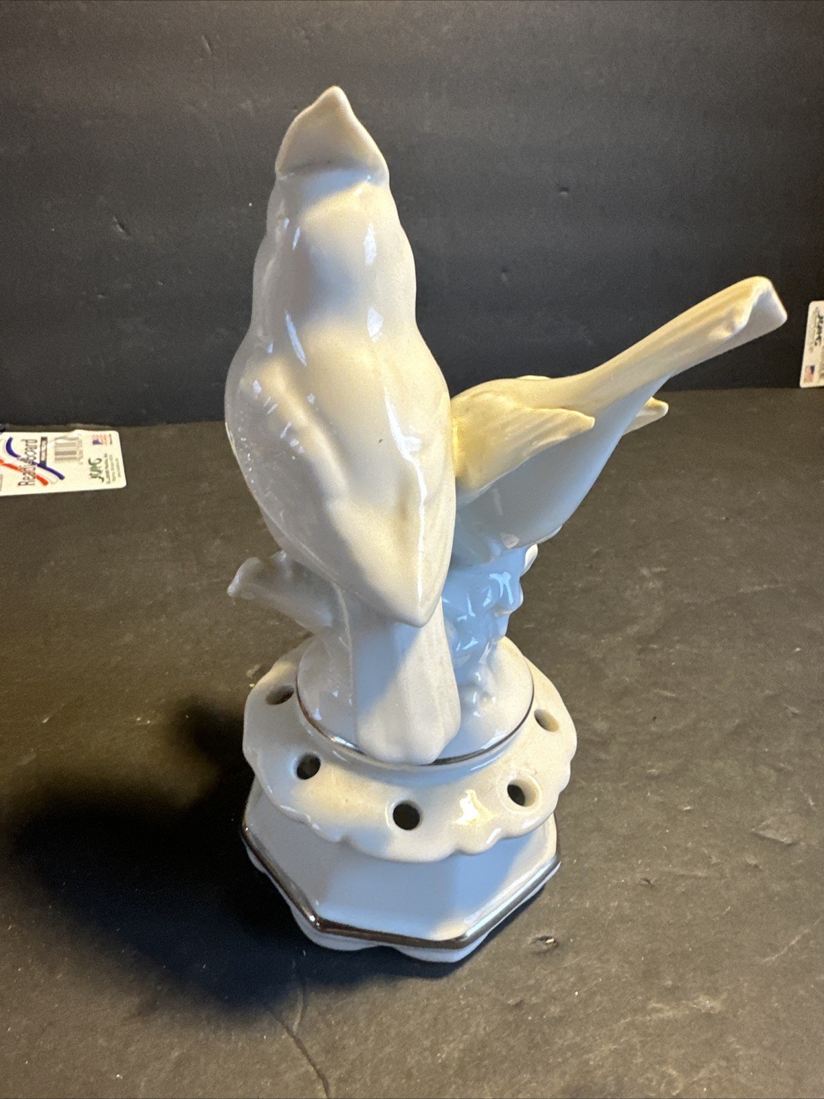 VTG. DRESDEN Porcelain White & Silver Flower Frog Figurine 8 holes w/Birds #R68