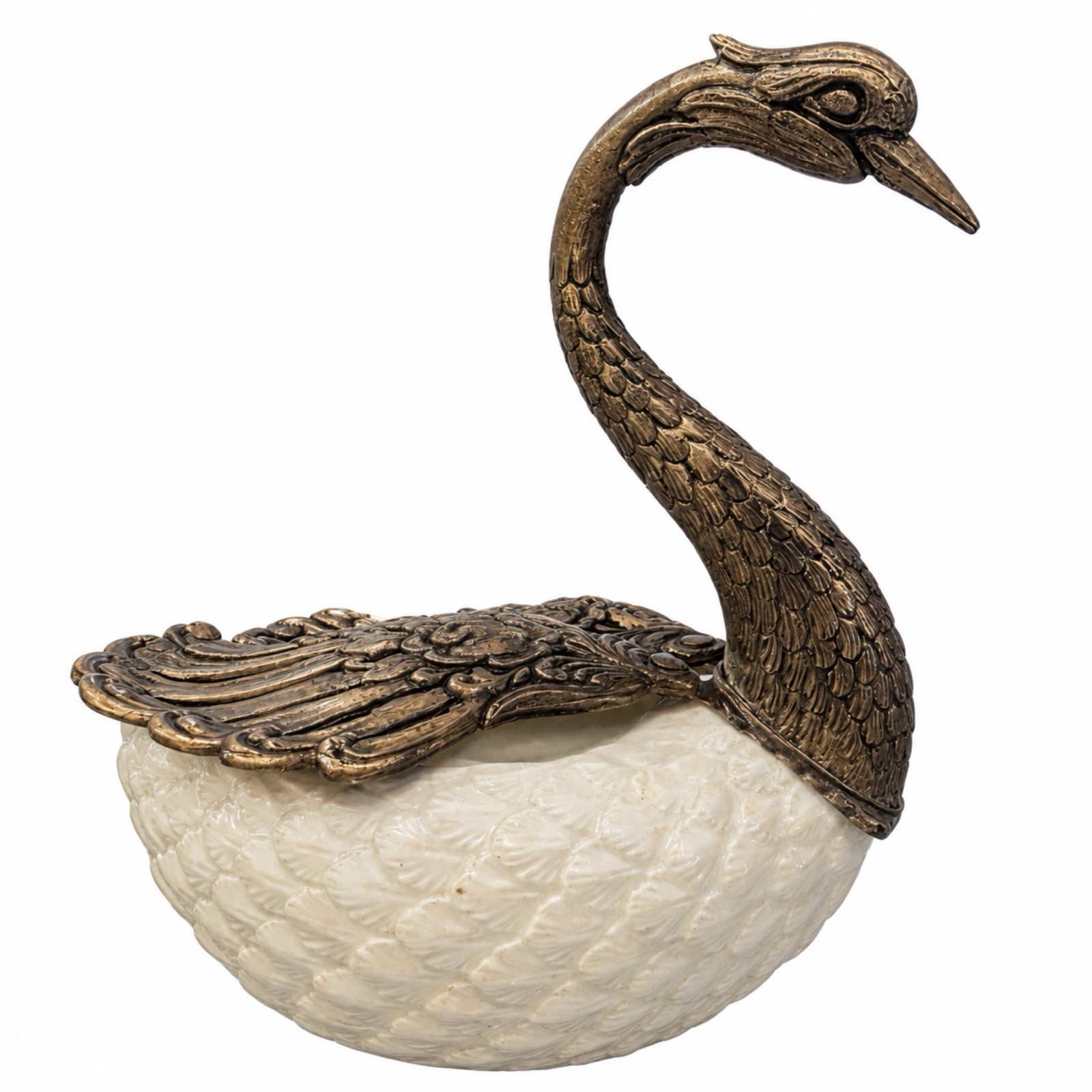 Vintage Italian Swan Caviar Dish Movable Wing Silver Plate Ceramic Master Bowl