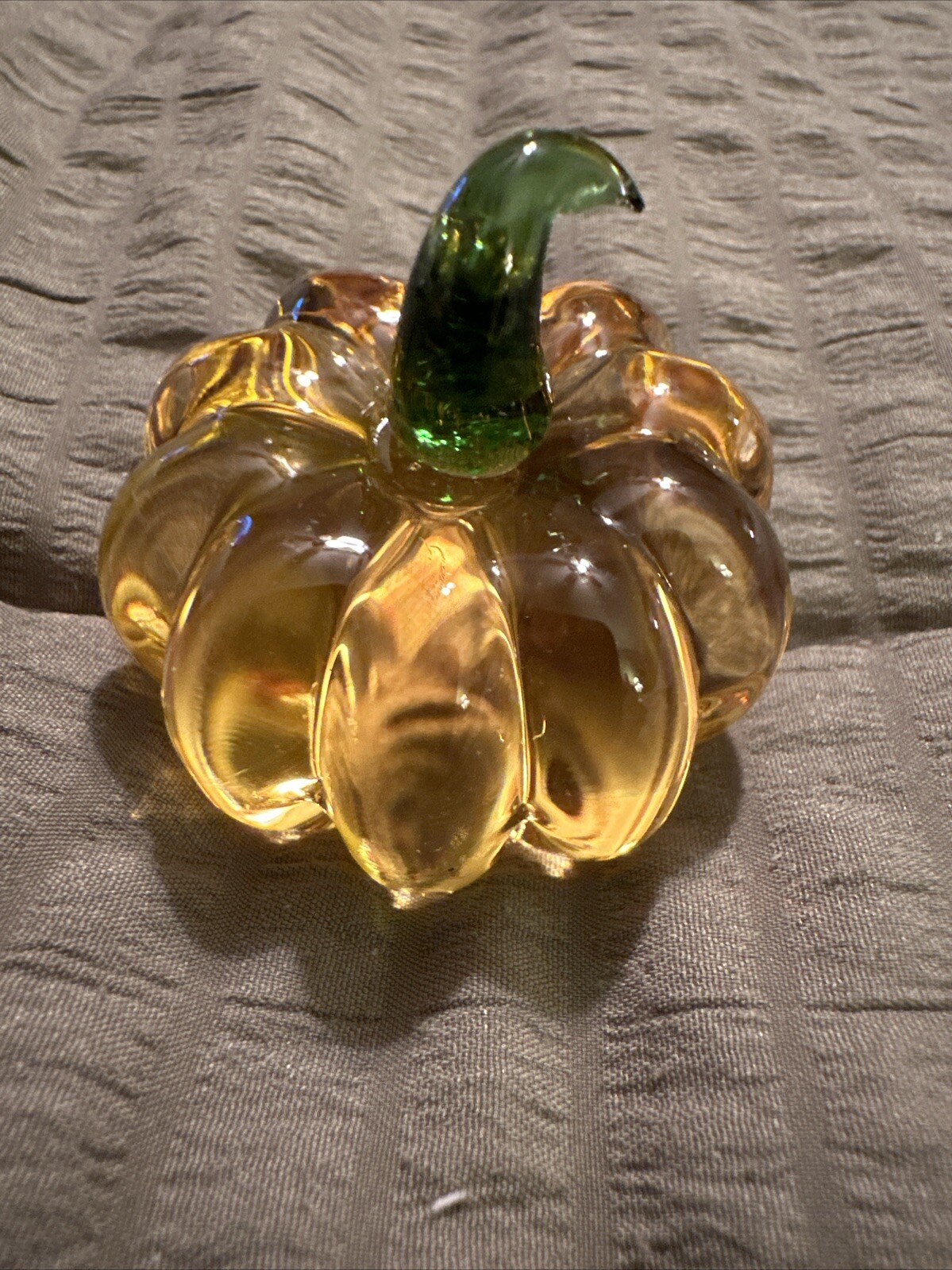 Orange Crafted Glass Pumpkin Figurine With Green Stem In Size 6”x2”x2”