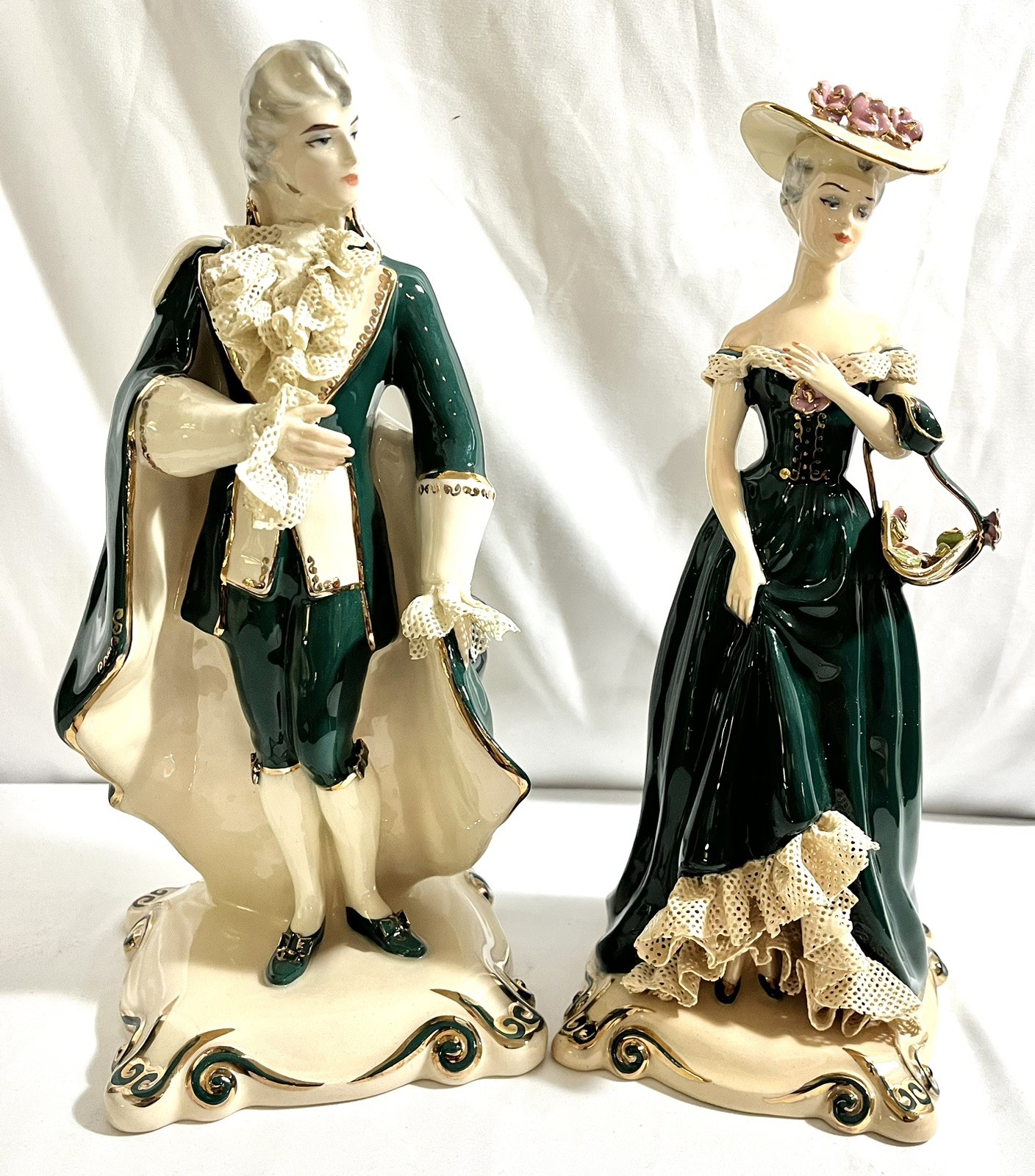2 Vtg Edwina Hollywood Figurine Courting Couple Victorian Colonial 11”