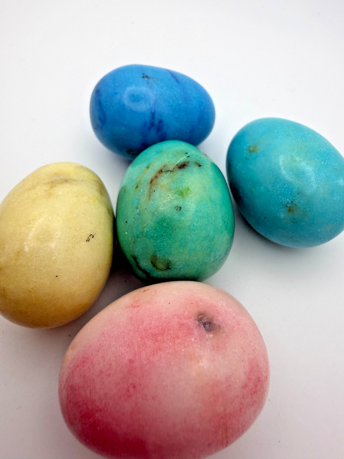 5 Brightly Colored Alabaster Hand-carved Eggs: Blues, Greens, Teal, Yellow, Pink