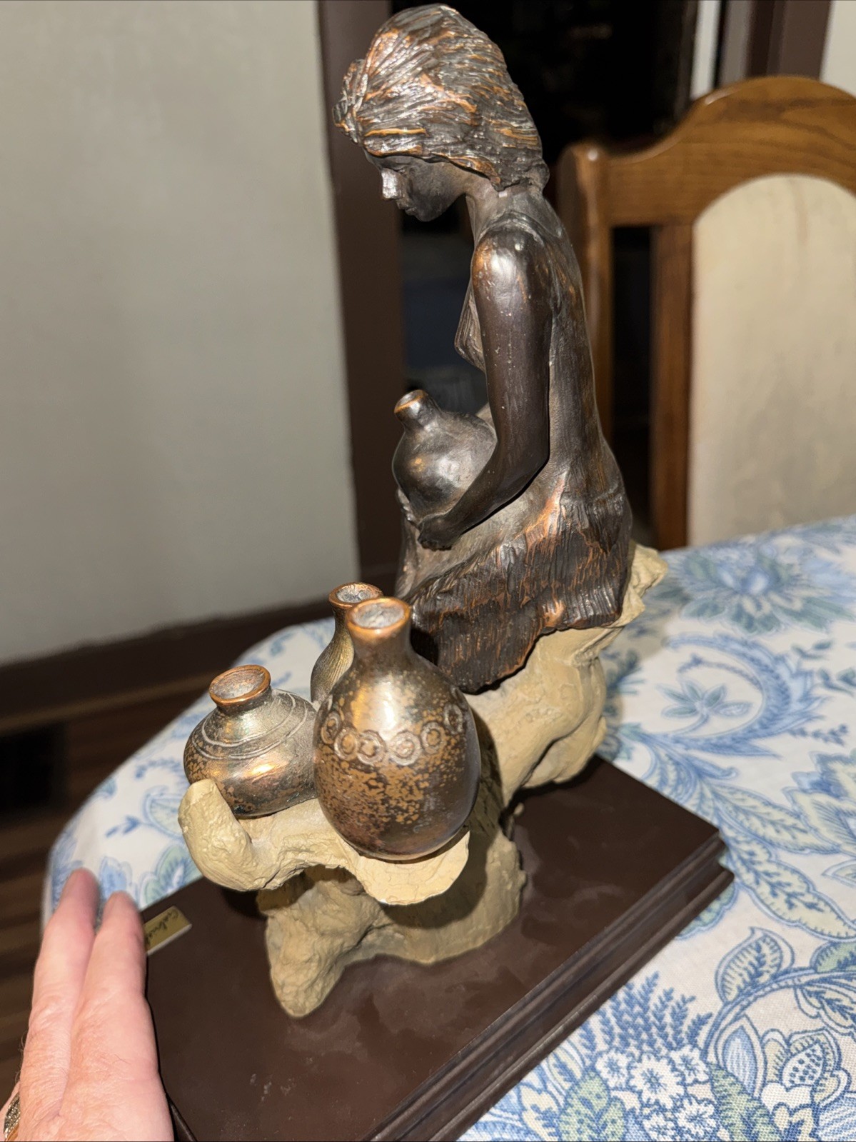Vintage Bronze sculpture of a young girl who sits On a Tree Stump By-Gabriel
