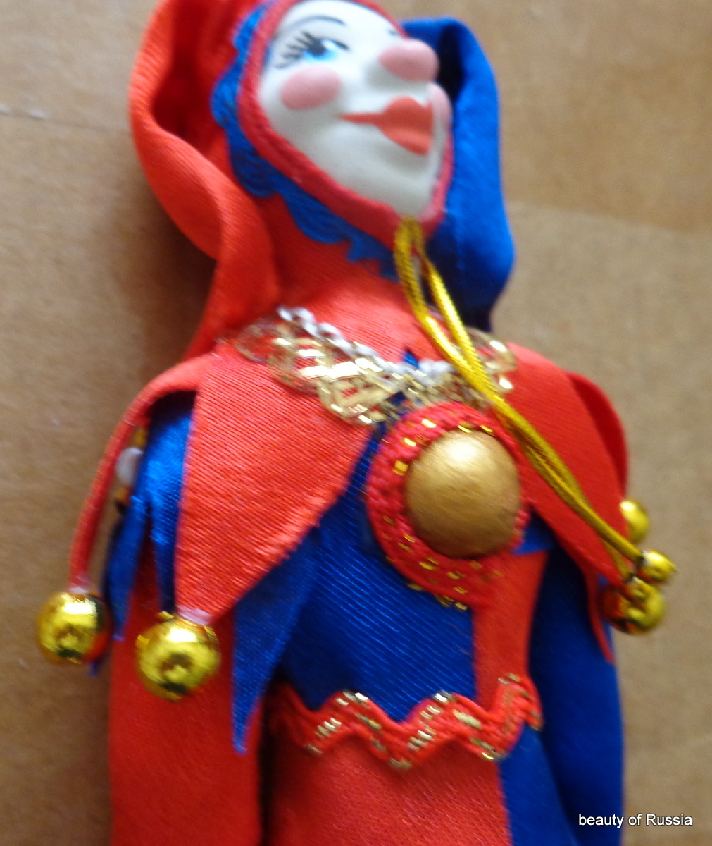 Russian fabric porcelain face Jester 6.25″ handmade figure & ornament
