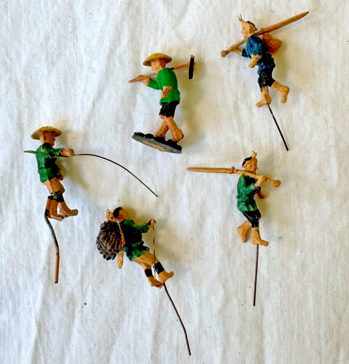 Lot of 5 Vintage Tiny Miniature Asian Figurines Lead Farmers Warriors