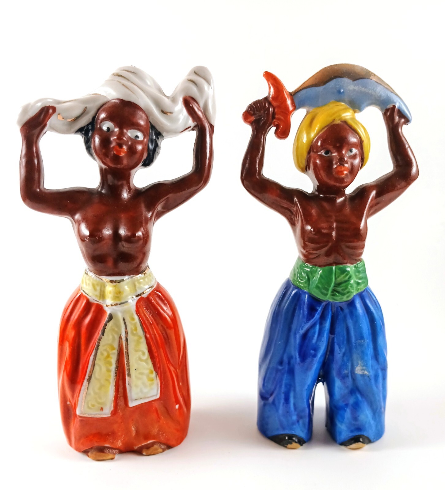 Occupied Japan Figurines (2) Polynesian Man and Woman 6″ Tall Porcelain VTG