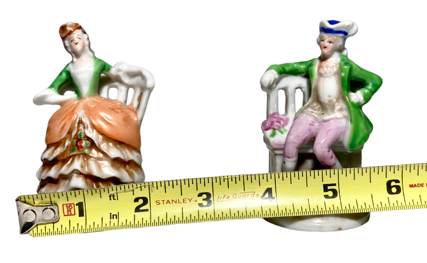 Colonial Man and Woman Porcelain Figurines Chair Made in Japan 3.25″H Vintage
