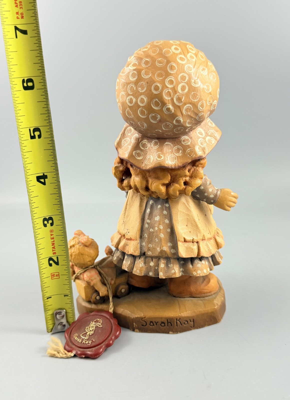 Vintage ANRI Sarah Kay Wood Carved PLAYTIME Girl w/ Wagon & Doll Figurine 6.5″