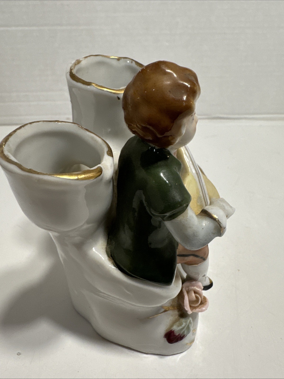 Ucagco Hand Painted Porcelain 3 Bud Vase Boy Playing Mandolin 4 1/2″x4″ Japan