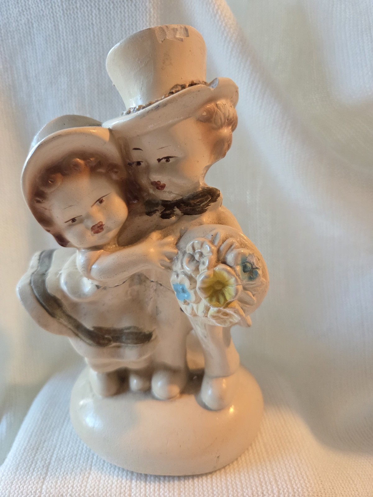 Ceramic Hand Painted Bride Groom Figurine, Matte Finish, Beige/Brown/Blue/Yellow