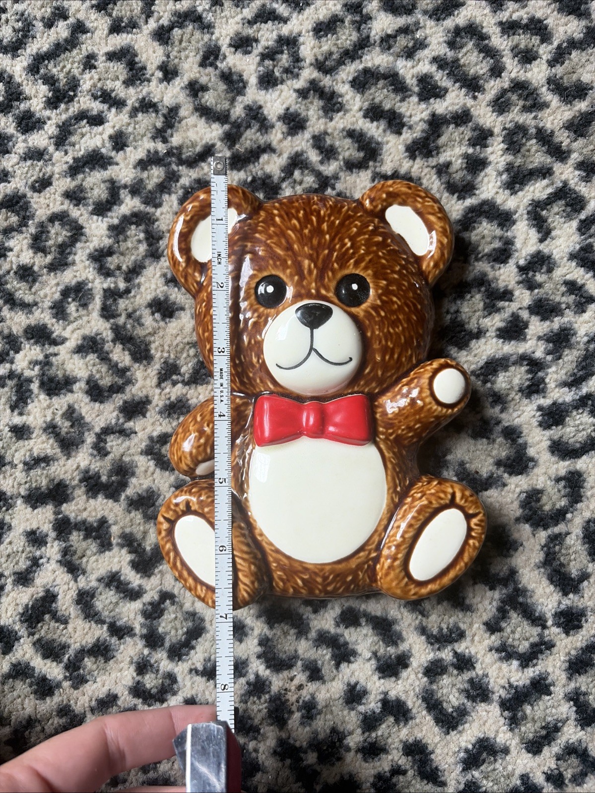 Teddy Bear Wall Hanging Japan Figural Brown Red Bow MCM Kitsch Anthropomorphic
