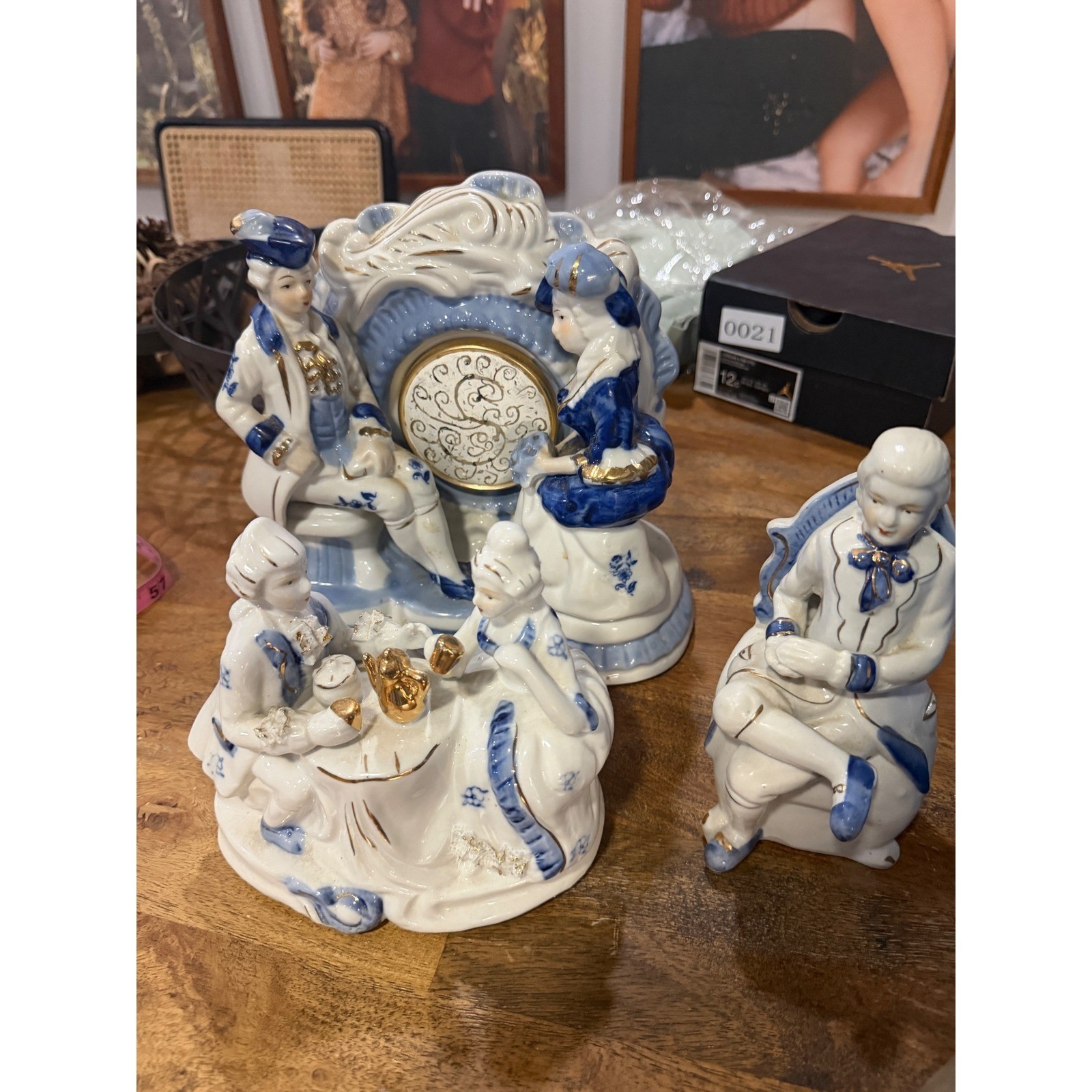 Unbranded Porcelain Figurine Set 3pc Blue White Gold Gilt Courtly Scenes Unisex