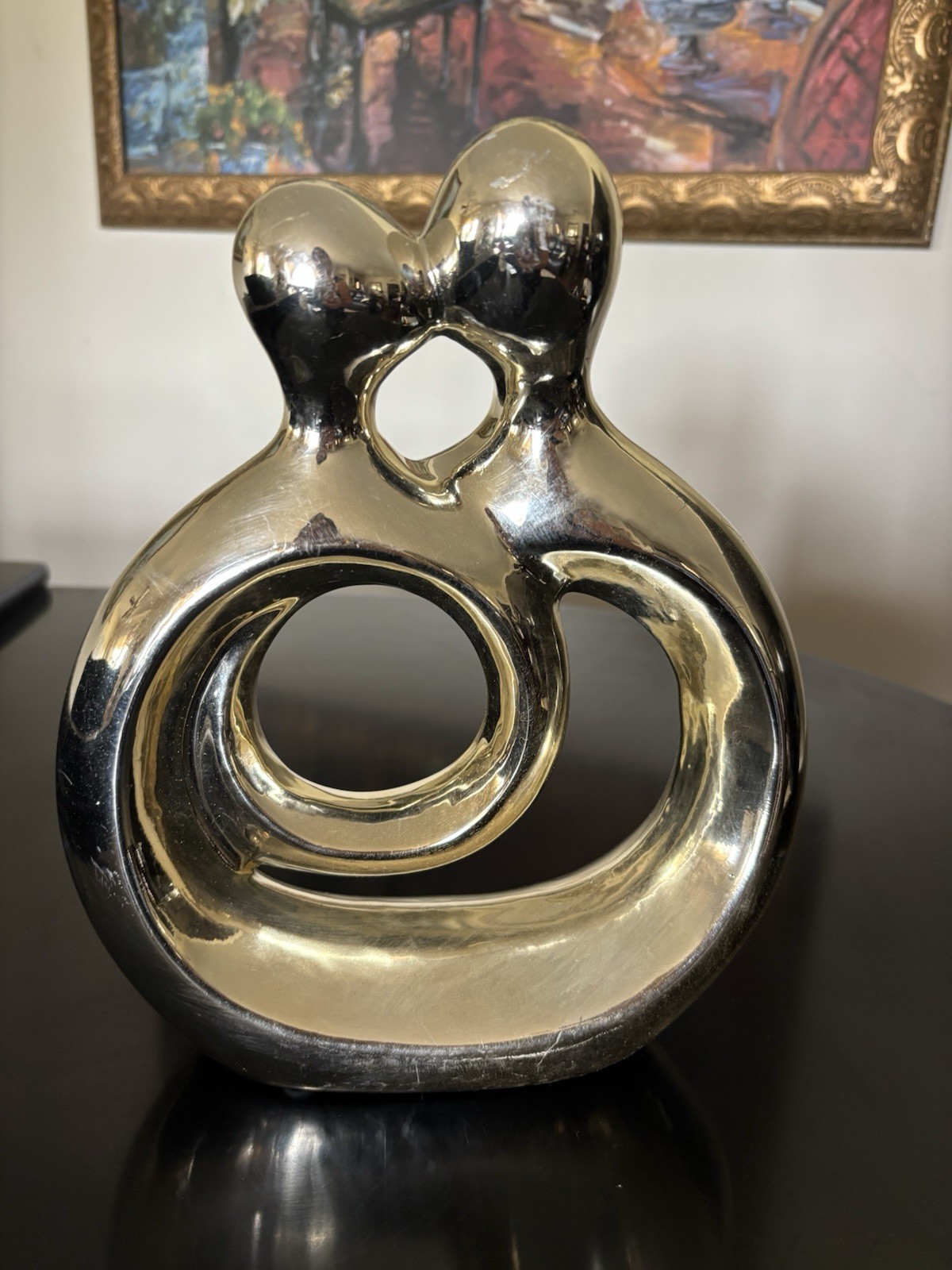Abstract Round Embracing Couple Chrome Glossy Gold Statue Decor 11” Sculpture