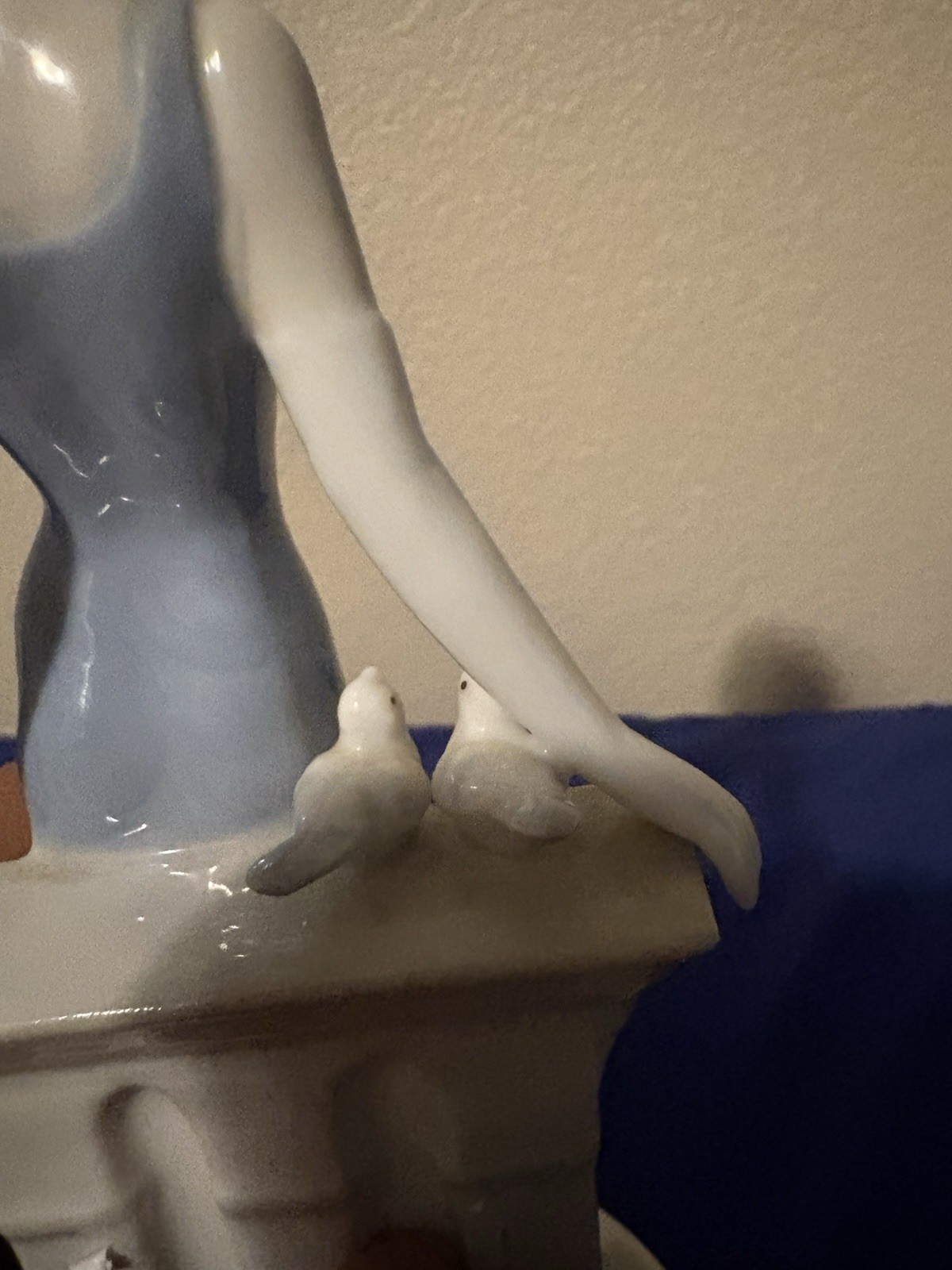 Porcelain Figurine Woman with Birds Blue Hand Painted Glossy