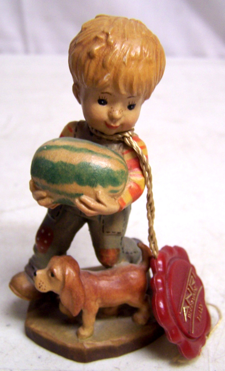 Vintage Anri Boy Carrying Watermelon Dog Wood Carving Signed Sarah Kay Ltd 4″