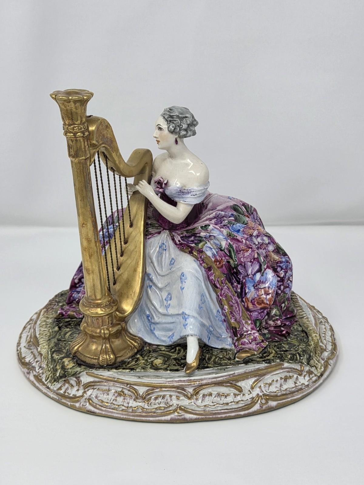 Vintage Guido Cacciapuoti Italy Porcelain Figurine Lady Harpist Musician Gold