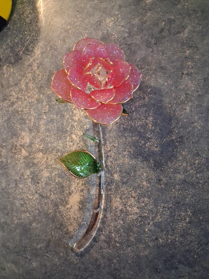 Vntg Glitter Pink Gold Tipped Rose 7″ Cystal In Mint Condition!