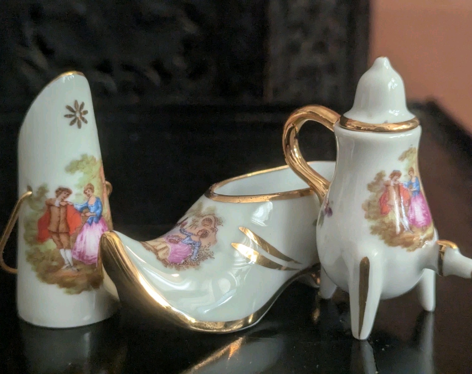 Lot Vtg Limoges France Porcelain Miniature Courting Couple Rococo Shoe Vase Tea