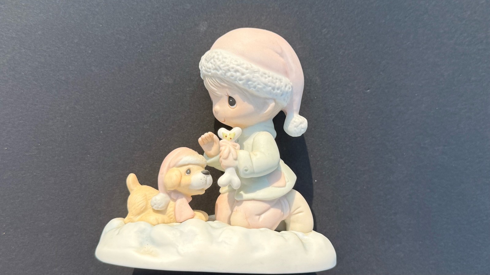 Precious Moments J&D Girl Dog Pink Hat Kneeling Figurine