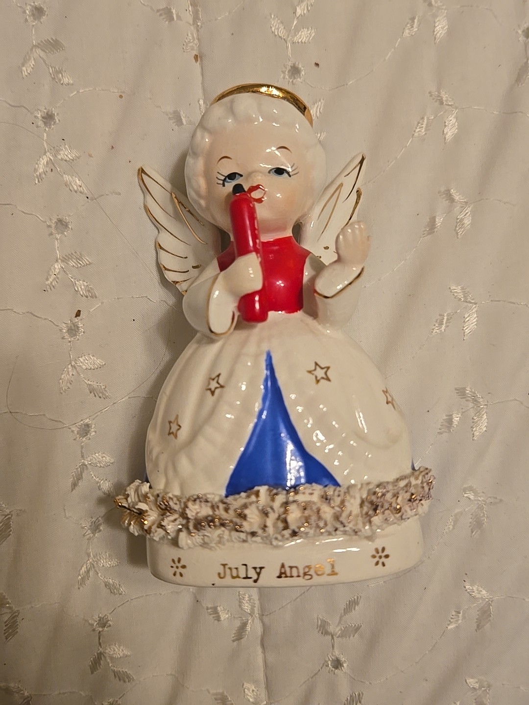Fine A Quality Vintage Porcelain July Birthday/Patriotic Angel Figurine