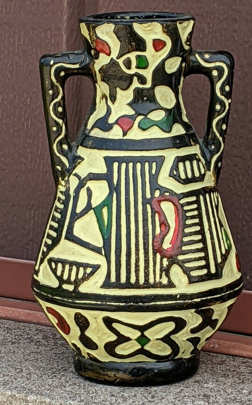 Tribal look small vintage chalkware jug in gold red black green 6″ h, 3 3/4″w
