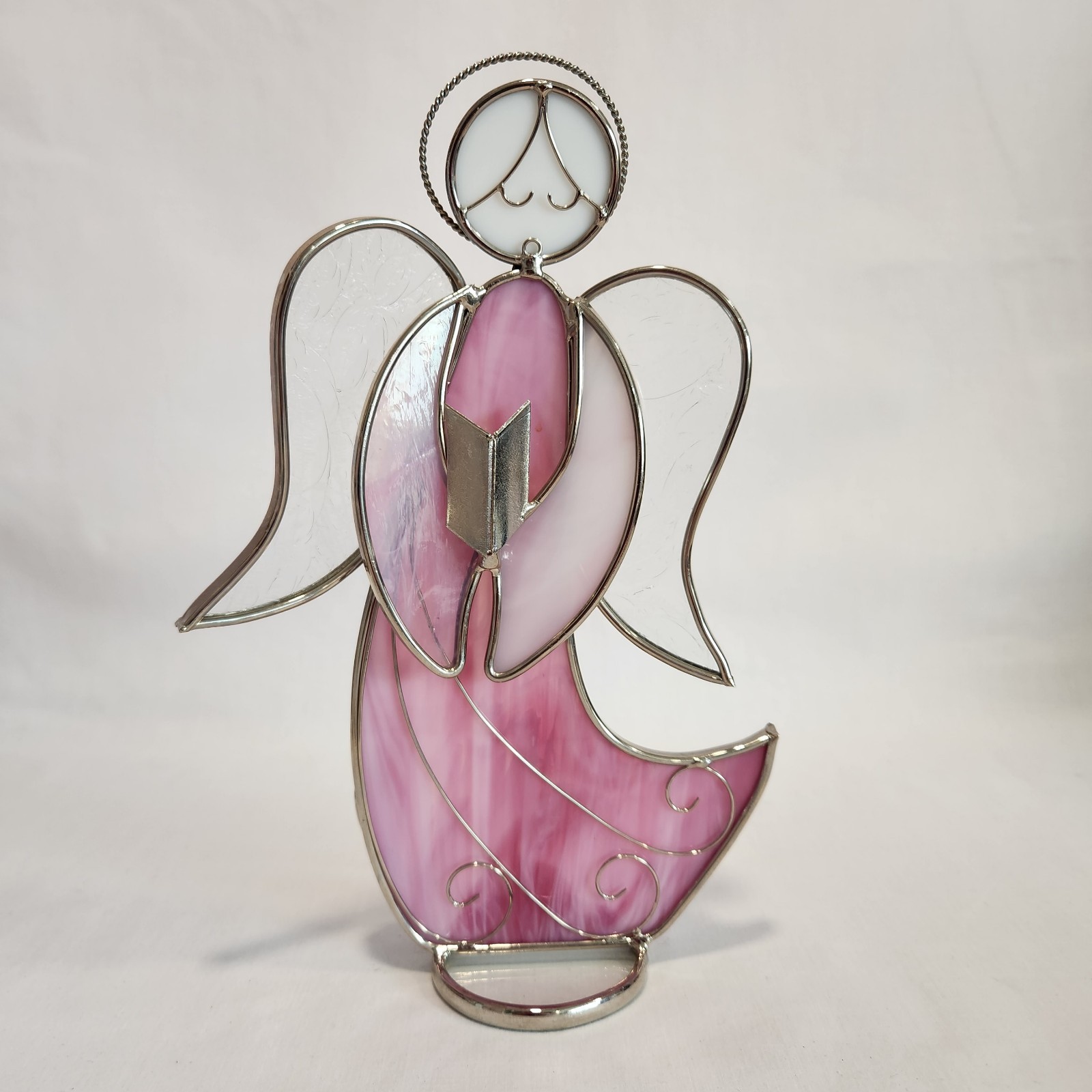 Vintage Free Standing Pink & White Stained Glass Angel w/ Halo and Book 10.5″