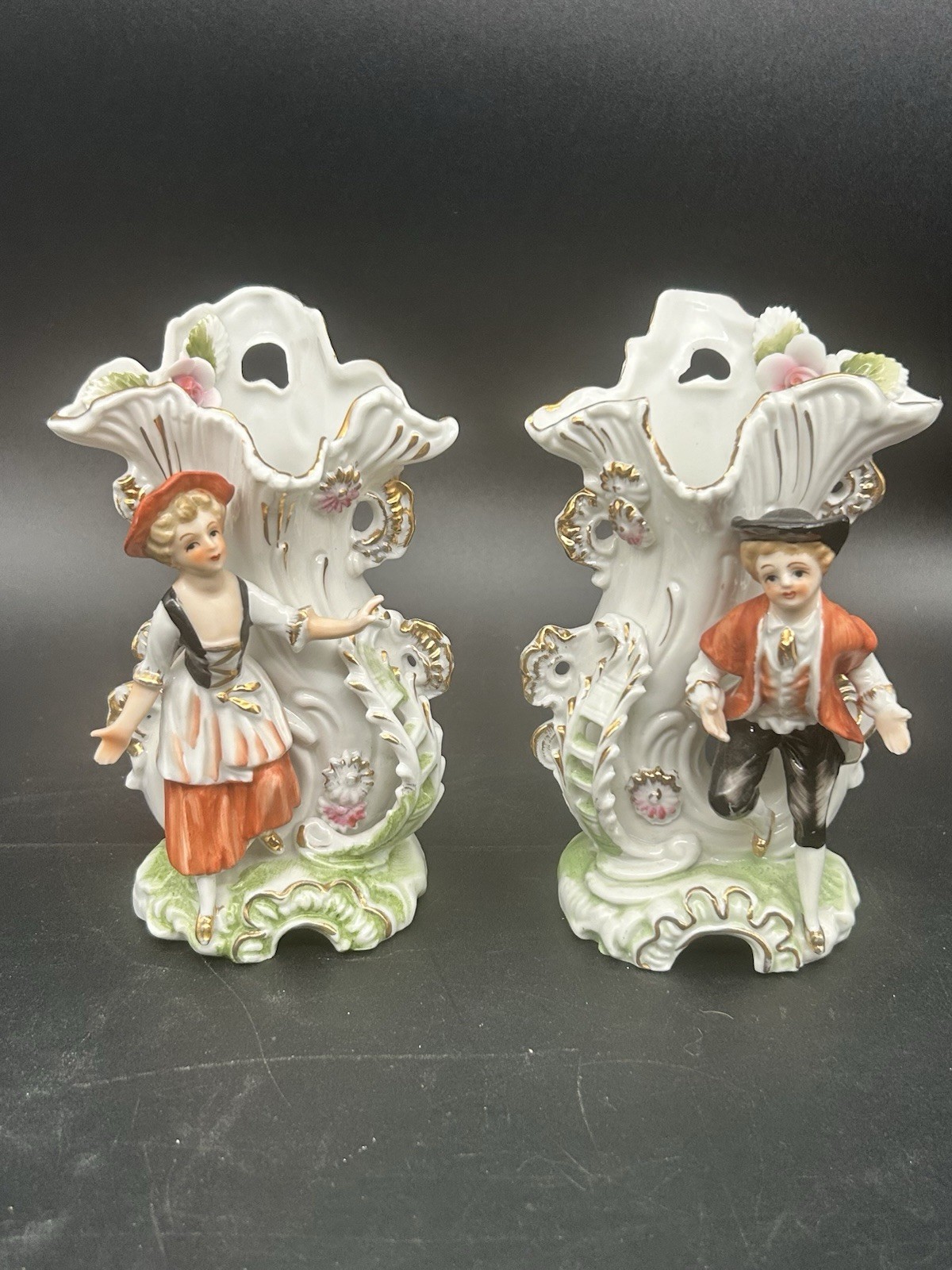Victorian Matching Decorative Vases MCM Japan Boy/Girl 6”
