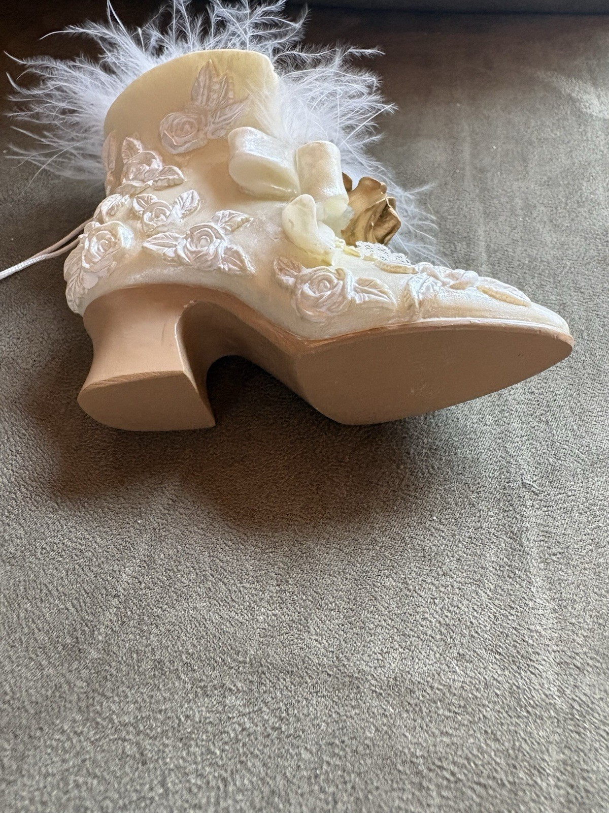 Vintage Porcelain Victorian Shoe Figurine 3” White Rose Floral Feather Trim