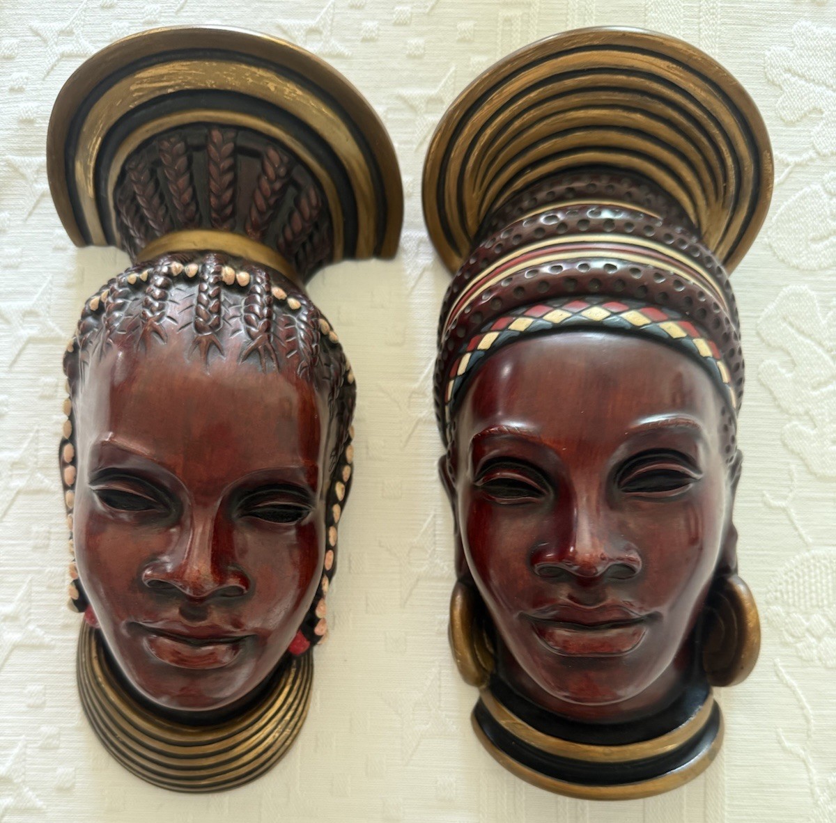 2 Vintage Achatit Handarbeit African Women Head Wall Art Bust Made in Germany