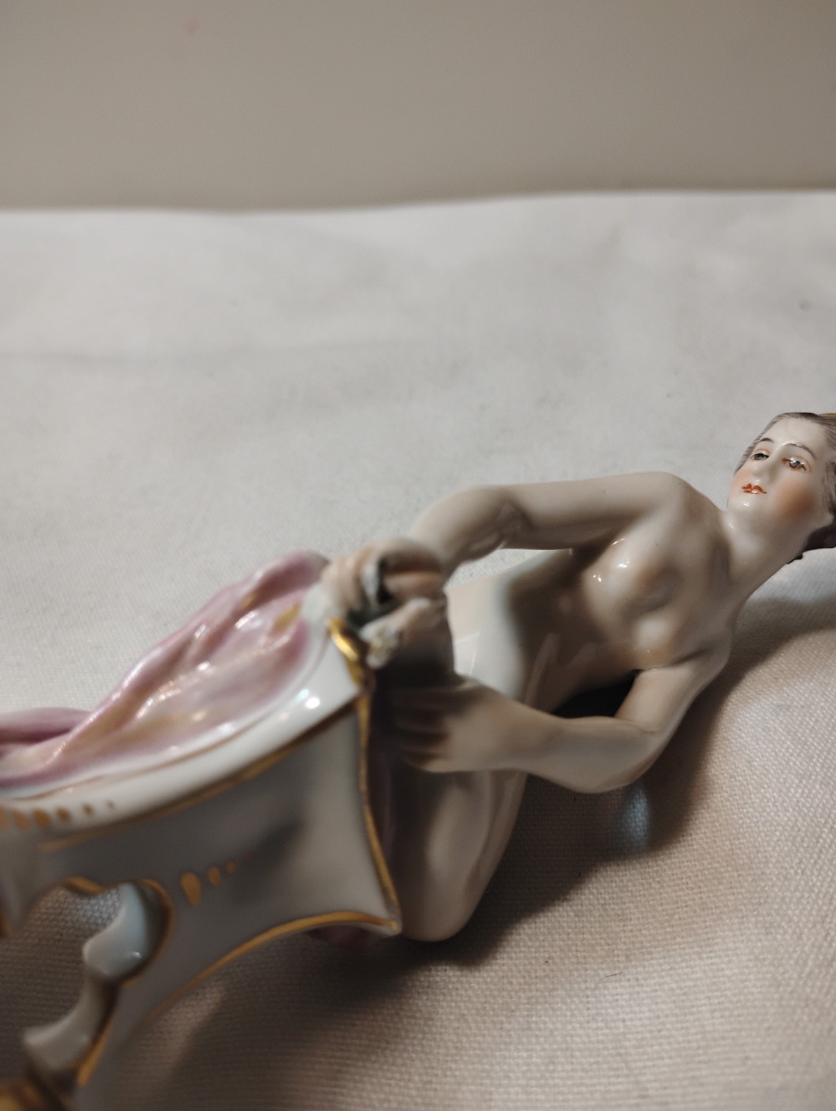 FINE Antique Dressel Kister Art Nouveau Nude Porcelain Figurine In Bath READ 5″T