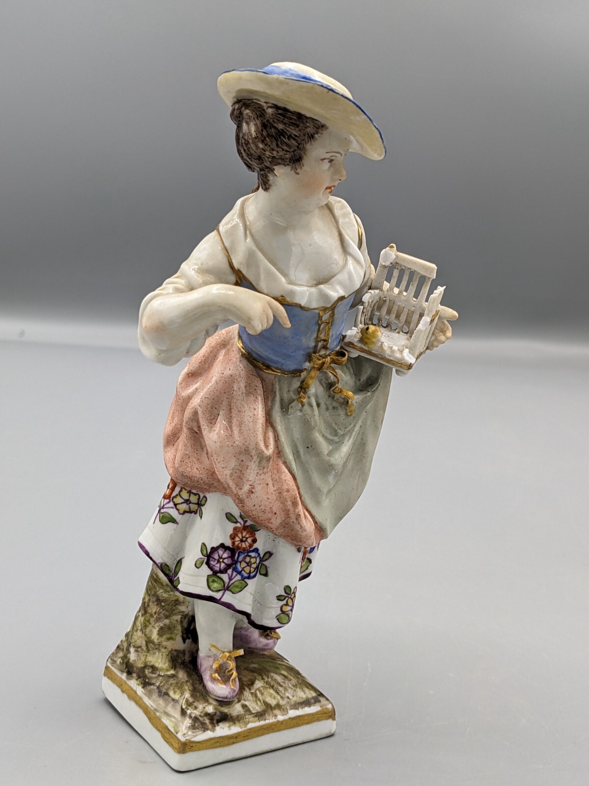 1900s Antique German KPM Berlin Scepter Mark Girl W Bird Porcelain Figurine 6″