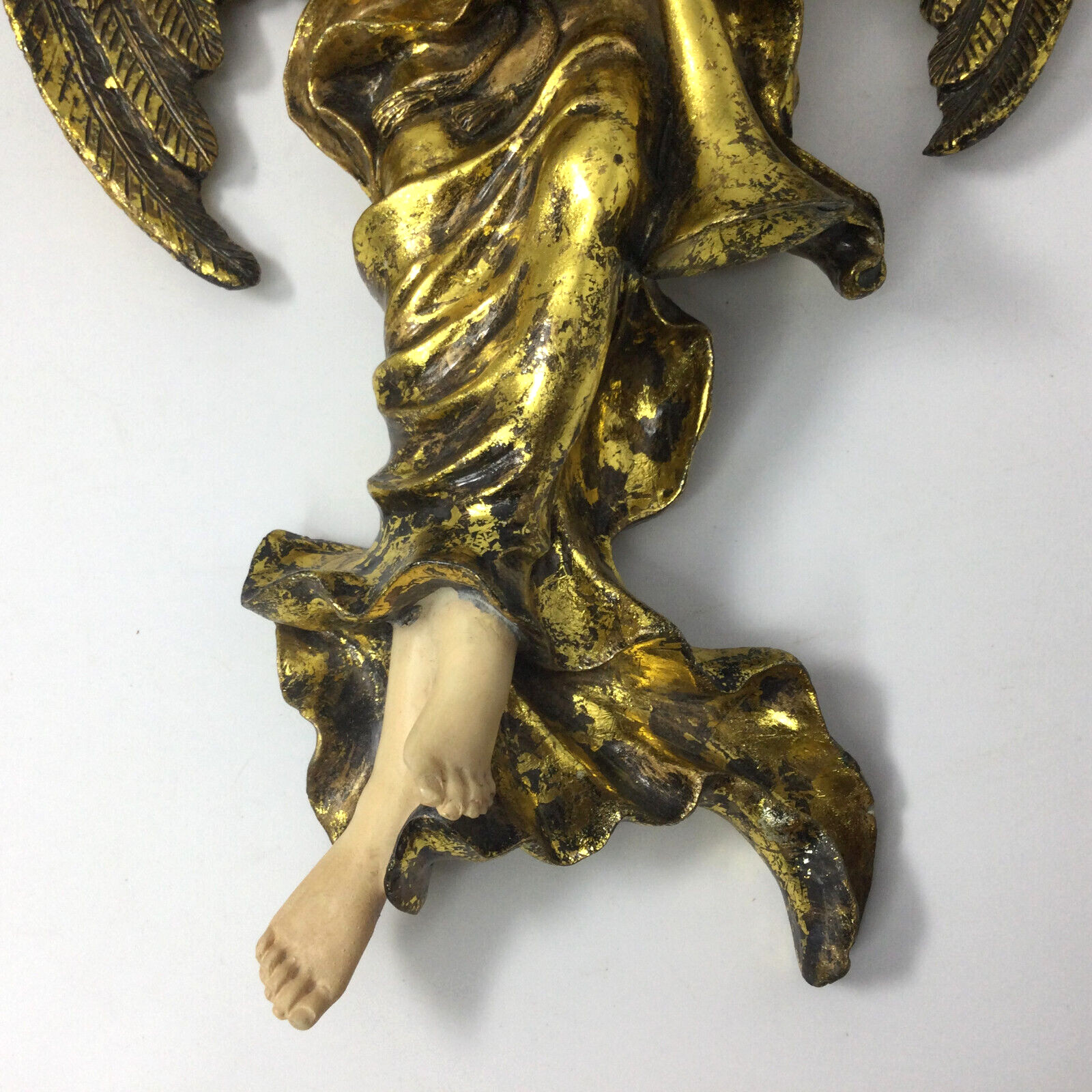 Wall Hanging Figurine Sculpture Angel with Trumpet Resin Gold Leaf Finish 11″ H