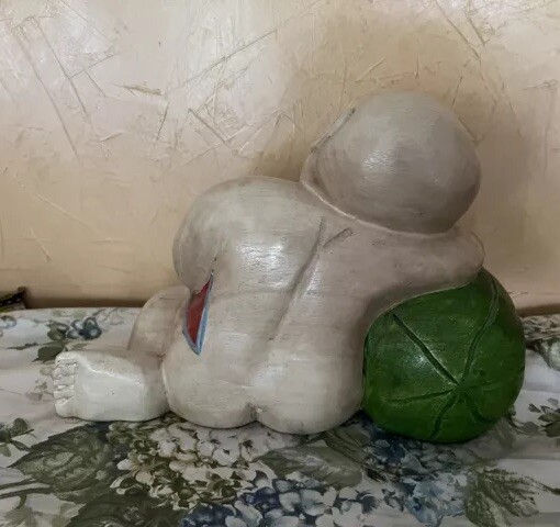 CARVED SLEEPING CHILD BUDDHA ON WATERMELON ASIAN GOOD LUCK FIGURINE THAILAND VTG