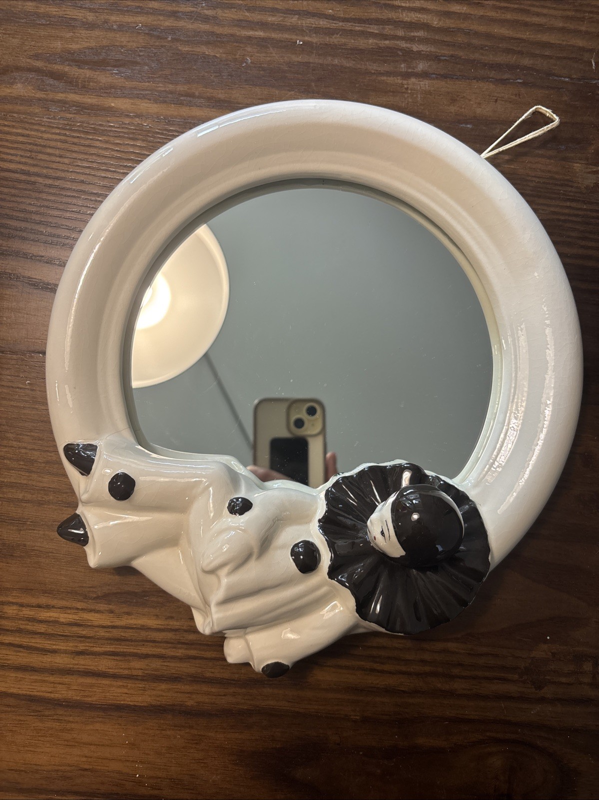 🎭 Vintage Pierrot Clown Wall Mirror 10.5″ Black & White Ceramic Hanging Mirror