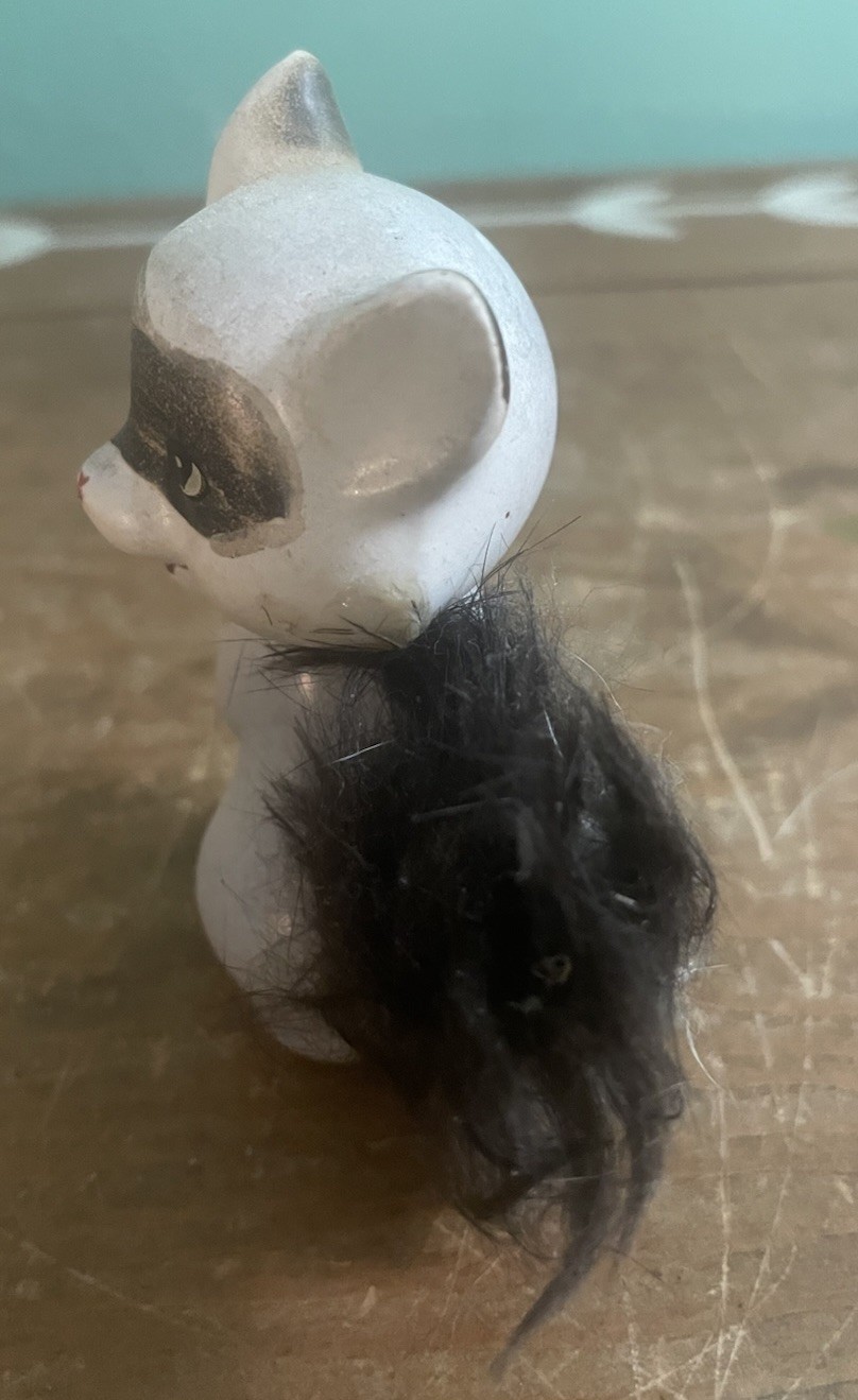 Vintage Enesco Ceramic Raccoon Figurine With Fur 2 3/4 X 3 Chipped As Found