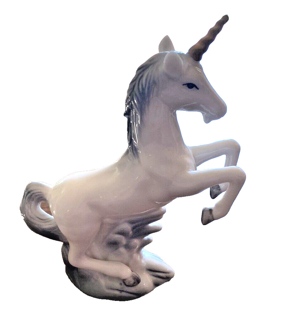 Vintage Ceramic White Gray Glossy Unicorn Figurine Gold Horn