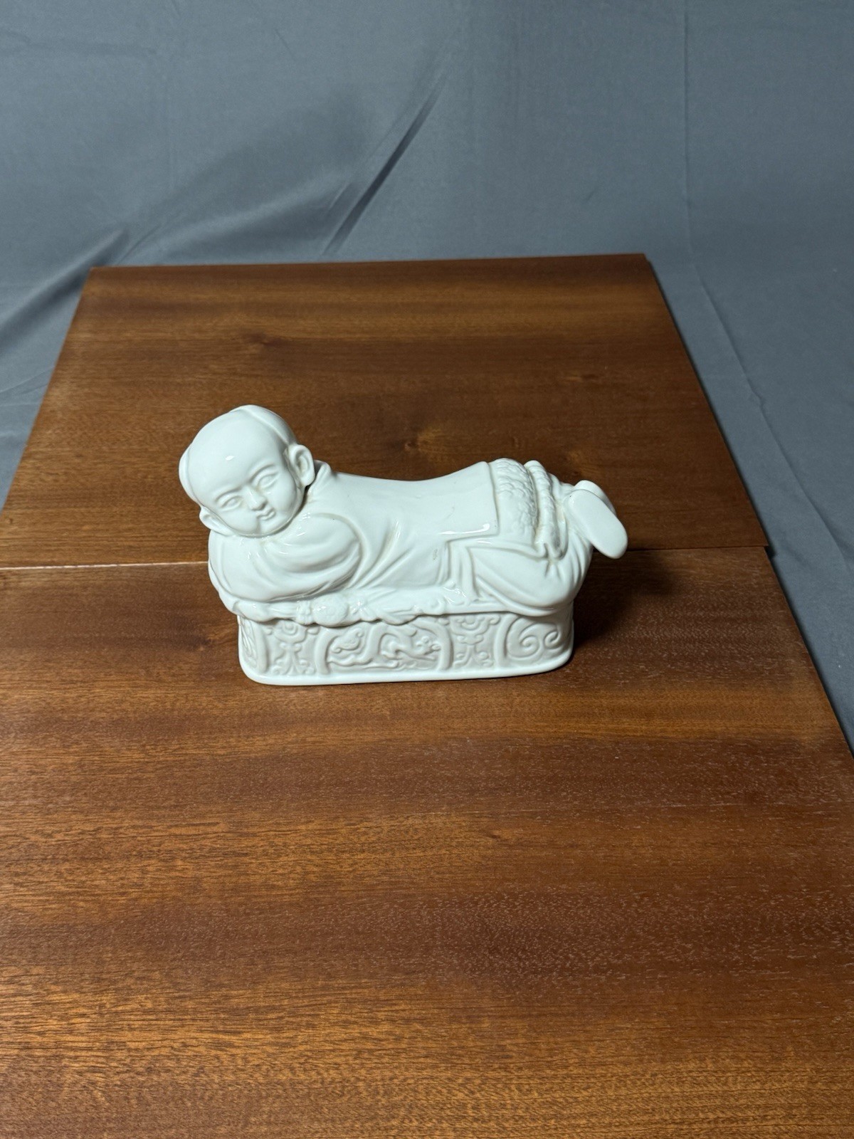 White Porcelain Reclining Child Figurine Trinket Box Asian Style Ceramic