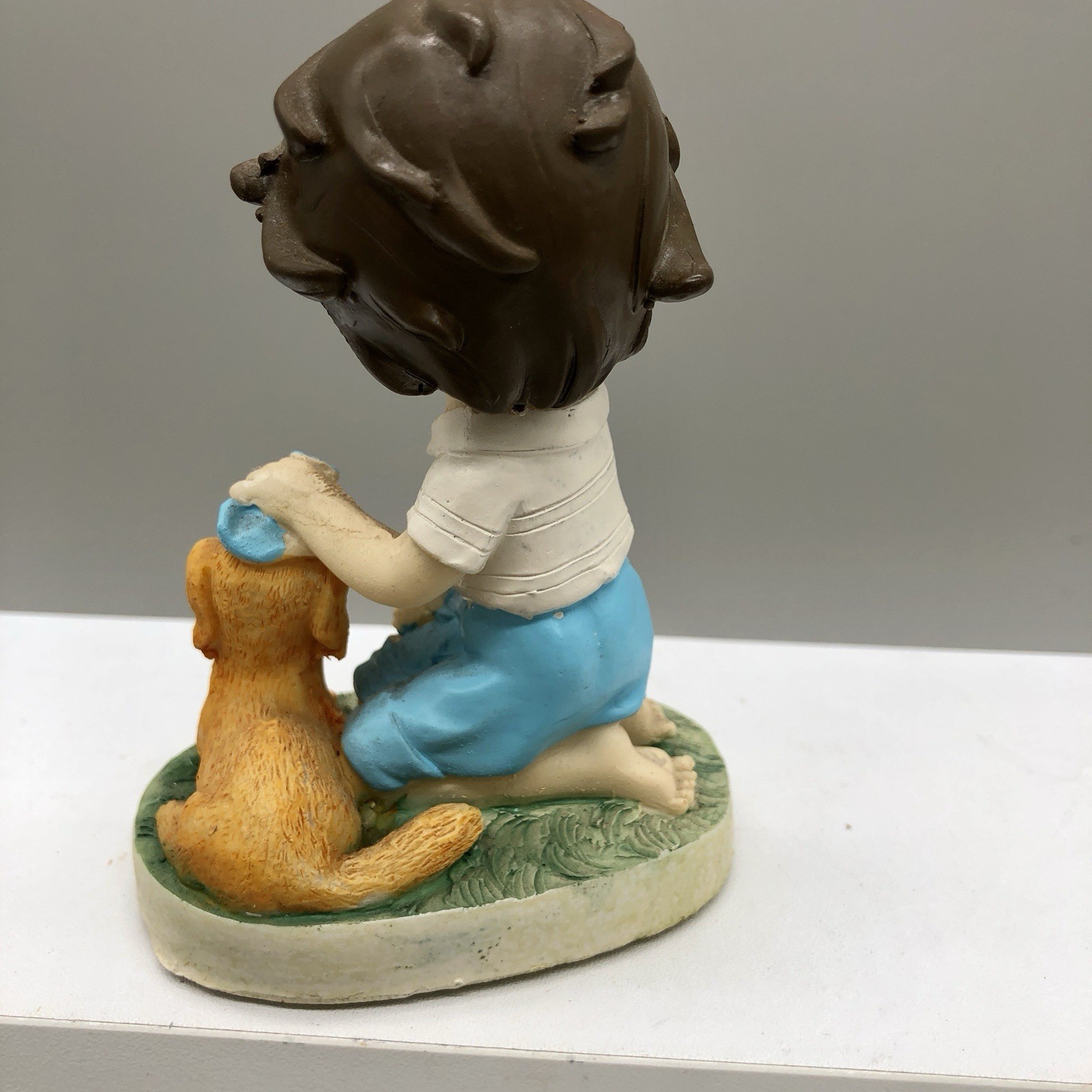 VINTAGE FIGURINE Little Boy with Dog Puppy Resin 4” tall