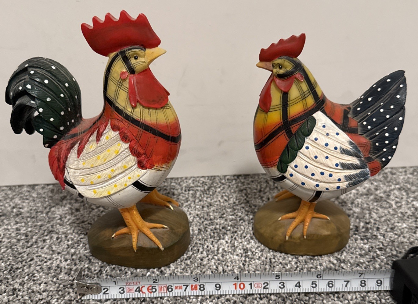 Rooster & Chicken 7” Figurines Plaid Dots Hen Rooster Red Yellow Black White