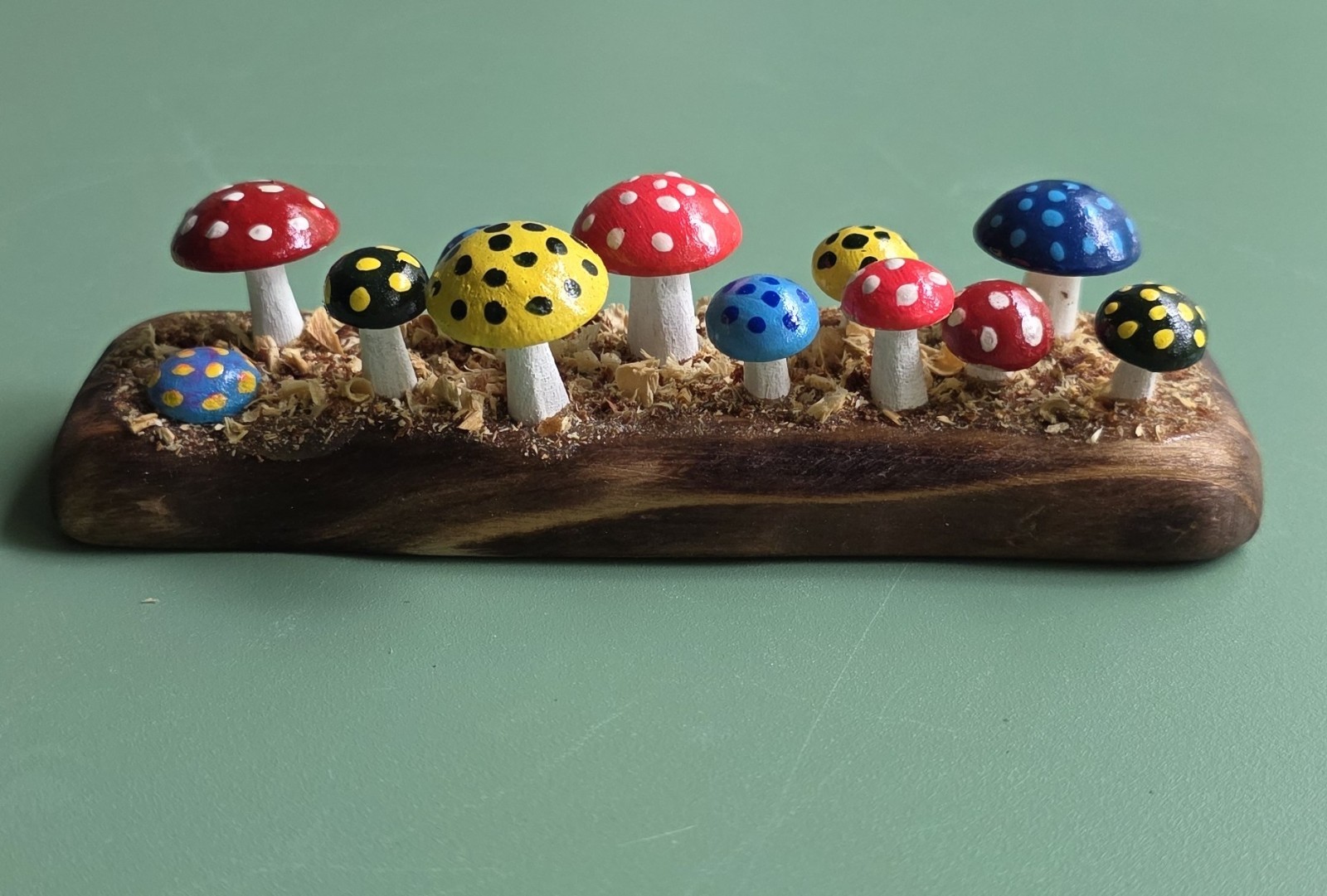 Mushroom Garden Wooden Miniature Decoration – 6″ Long – Hand Carved & Painted