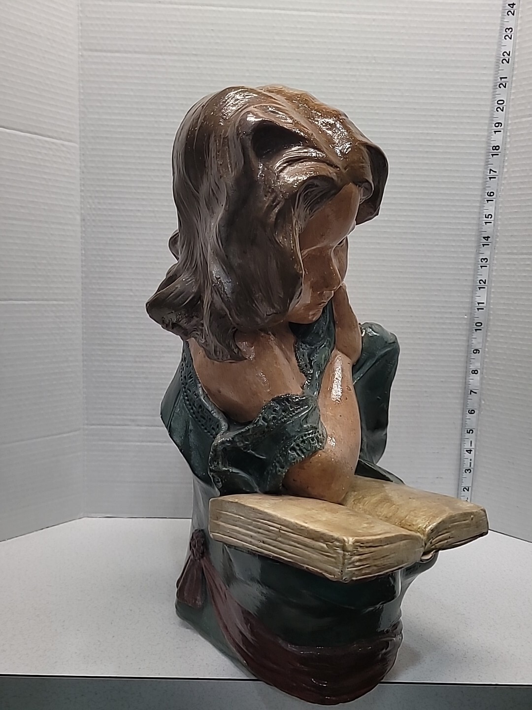 Chalkware Plaster Girl Reading Book Sculpture Vintage 18.5” Tall Hand Painted