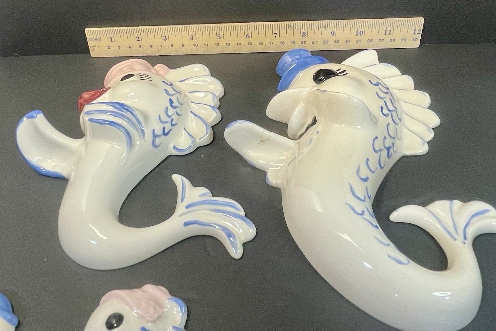 Fish Family Anthropomorphic Kitschy Kitsch 4 Ceramic Wall Plaques Vintage